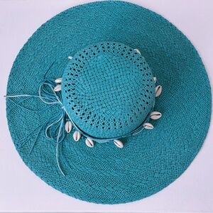 DPC | Cowrie Shell Beaded Wide Brimmed Straw Crocheted Floppy Sun Hat Aqua Blue